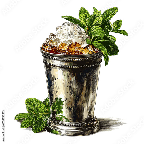 Mint Julep cocktail in metal cup with crushed ice and mint sprig garnish vector isolated on a white background