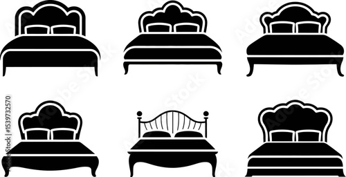 Six different bed designs in black silhouette with pillows and headboards on a white background