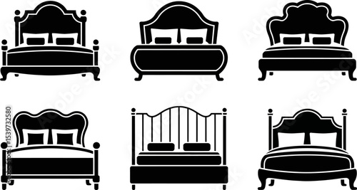 Collection of six different bed designs in black silhouette on a white background in a vector format
