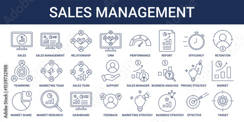 Sales Management icon set with CRM, marketing team, sales team, effective and efficiency icon 
