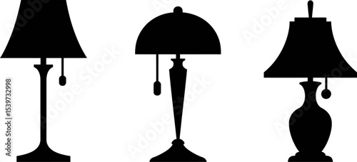 Three lamp silhouettes with different shades and bases in a row on a white background design element