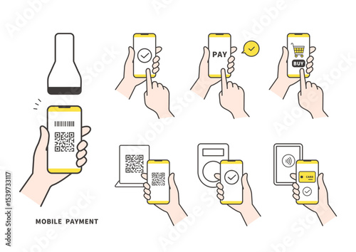 スマートフォンでのQRコード決済と非接触支払いのアイコンセット（ベクター）