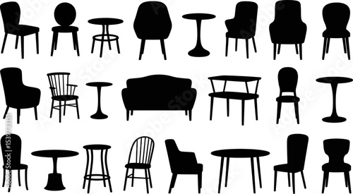 A collection of black silhouette furniture including chairs tables and a sofa on a white background
