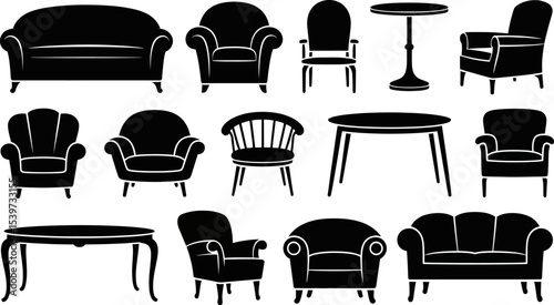 A collection of black silhouette furniture including sofas chairs and tables on a white background