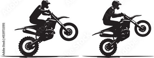 2 Young man on sports motor bike performs tricks silhouette