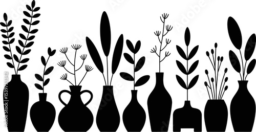 A collection of black silhouette vases with various plants and leaves against a white background art design