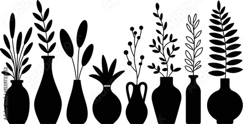 Silhouette of seven vases with different plants in black and white minimal home decor illustration