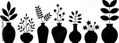 Seven vases with different plants in black silhouette on a white background in a horizontal line