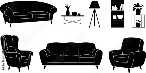 Illustration of living room furniture including sofas armchairs lamp and shelving in black silhouette