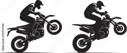 2 Young man on sports motor bike performs tricks silhouette