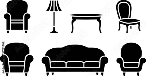 Illustration of black furniture including armchairs sofa table lamp and chair in a row on white