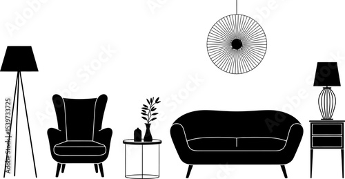 A black and white illustration of a living room with furniture on a white background in a simple style