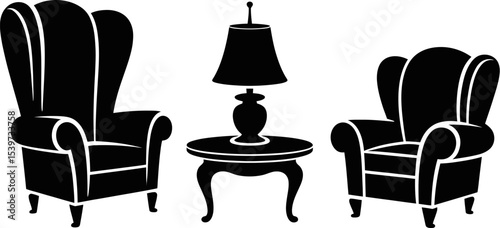 Two armchairs flanking a round table with a lamp in a black and white vector illustration style