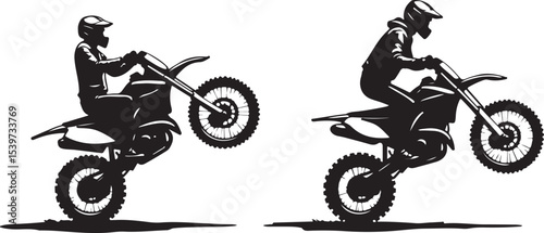 2 Young man on sports motor bike performs tricks silhouette