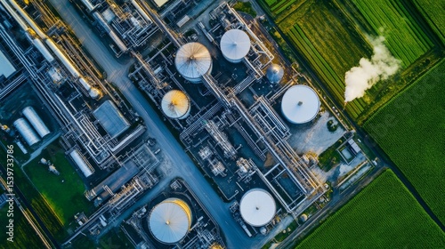 Aerial view of modern biofuel production factory--green energy and innovation. 