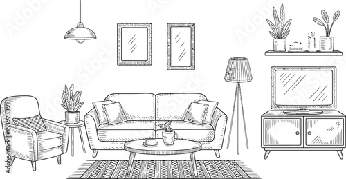 Sketch of a living room interior with sofa, armchair, tv, lamps, and plants in a line drawing style