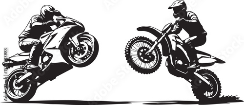 2 Young man on sports motor bike performs tricks silhouette