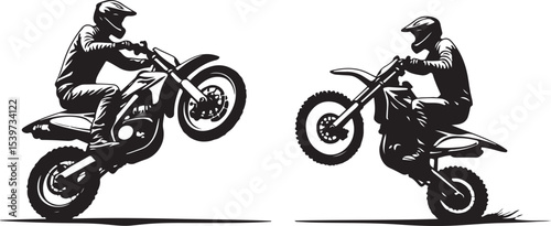 2 Young man on sports motor bike performs tricks silhouette