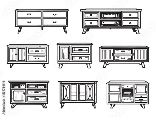 Clean line drawing of wooden media console vector