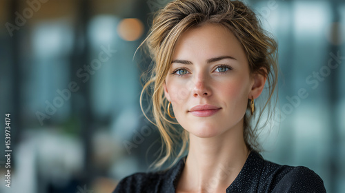 portrait of confident young businesswoman standing in modern office.