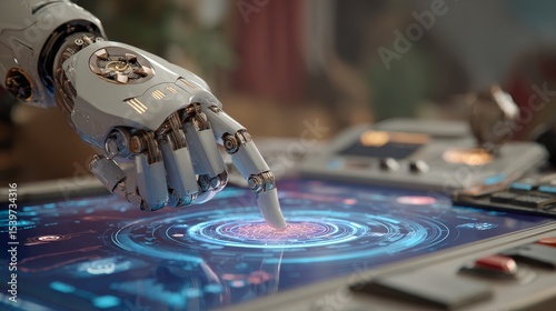 Futuristic robot finger activating a digital neural network interface on a touch display with blue holograms, ultra-sharp detail showcasing advanced technology and artificial intelligence interaction. photo