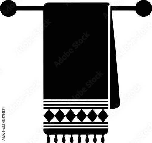 A black towel with tassels hangs on a black towel rack against a white background in a simple design