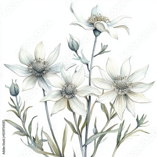 Watercolor Painting of White and Grey Flowers with Green Leaves on White Background