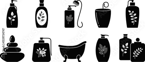 Illustration of spa and bathroom elements including bottles, stones, and a bathtub in black and white