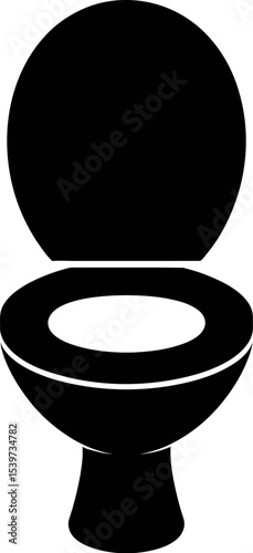 A black and white graphic illustration of a toilet with the lid open on a white background