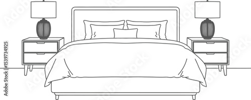 A bedroom illustration showing a bed with pillows and two nightstands with lamps on each side wall