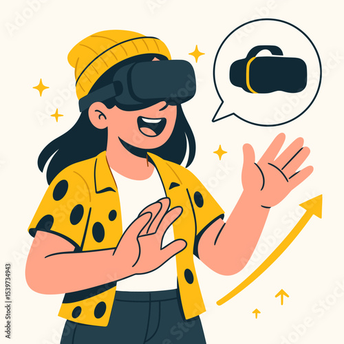 Vector Illustration Young woman exploring virtual reality using VR headset and controllers in flat illustration style – modern gaming and tech experience