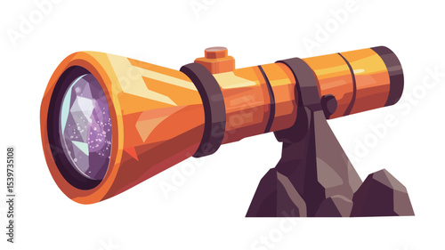 A digital illustration of an orange flashlight on a dark brown stand. The flashlight has a wide, flared reflector and a cylindrical body. The illustration style is vector-based with a slightly