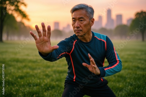 Man practicing tai chi in park during sunrise with city skyline in background