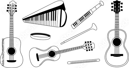 A collection of musical instruments including guitars, keyboard, flute and tambourine in black and white
