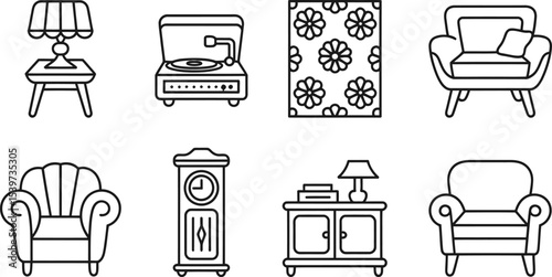 Line drawing of furniture including chairs lamp record player clock and rug on a white background