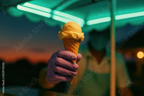 Vendor offering ice cream cone with sunset background at outdoor market
