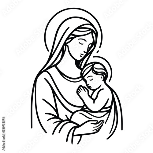Line art of Virgin Mary holding her baby logo vector