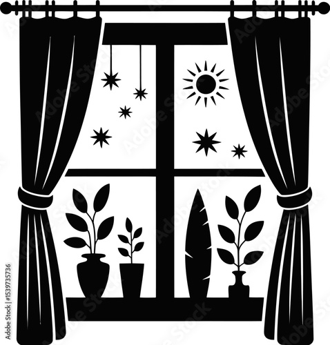 A graphic illustration of a window with curtains, plants, sun and stars in black and white tone