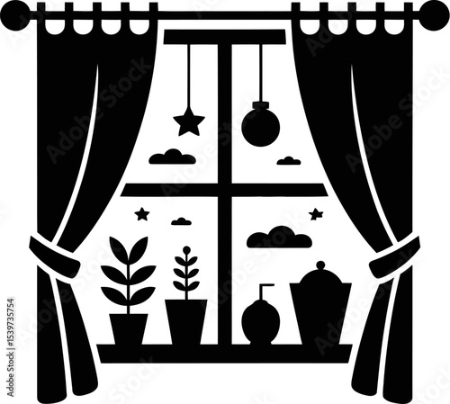 A stylized black and white illustration of a window with curtains and various objects on the sill