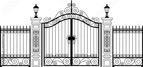 A detailed black and white illustration of an ornate iron gate with lamps and decorative elements