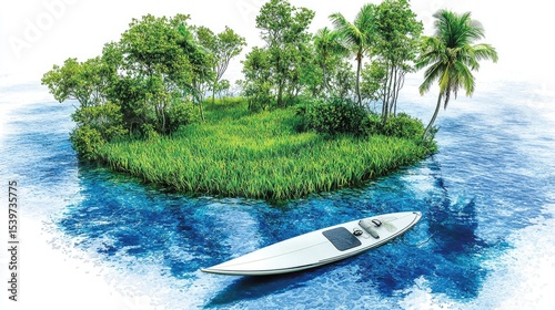 Tranquil island paradise with a lone boat.