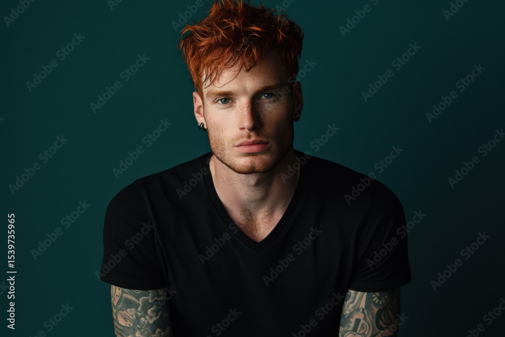 Naklejka premium Portrait of serious young male model with tattoo and red hair posing in studio