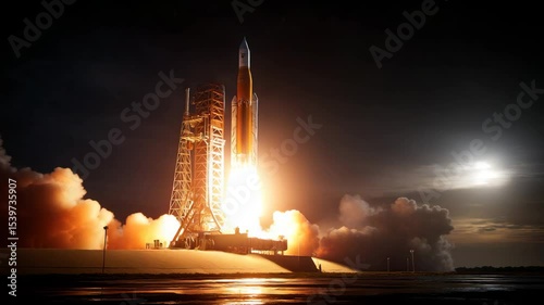 A powerful rocket roars skyward igniting the darkness with a brilliant display of fire and smoke a symbol of humanity ambition and exploration in the vast expanse of space. 