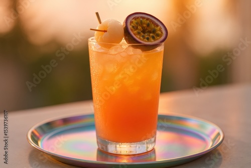 Tropical cocktail garnished with lychee and passion fruit on iridescent plate at sunset