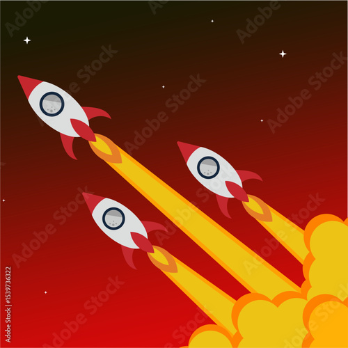 Rocket missile warhead launch frying with sky in war flat vector design.
