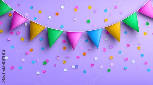 Vibrant and celebratory backdrop with hanging garlands of multicolored flags and scattered confetti in various shapes and sizes.