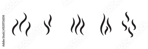 Smoke steam icon vector logo set. Smoke smell, steam aroma heat icon illustration. Hot vapor fire doodle line logo. Hit stink, coffee, fragrance flame elements. Vector illustration.