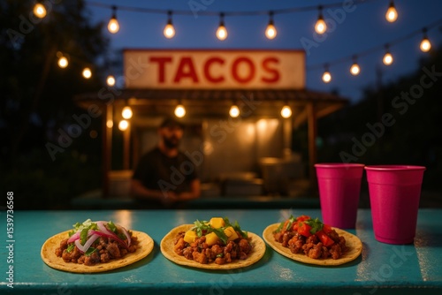 Three vibrant tacos on blue counter in front of illuminated taco stand at night with pink cups