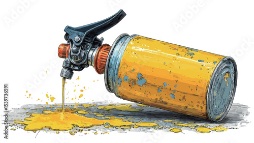 A digital illustration depicting a tipped-over, rusty yellow aerosol can with paint spilling onto a textured grey surface. The paint is a bright, saturated yellow, and the can shows signs of wear