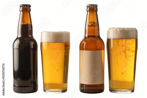 Bottles and glasses of beer are presented, showcasing different types and colors of the beverage. 